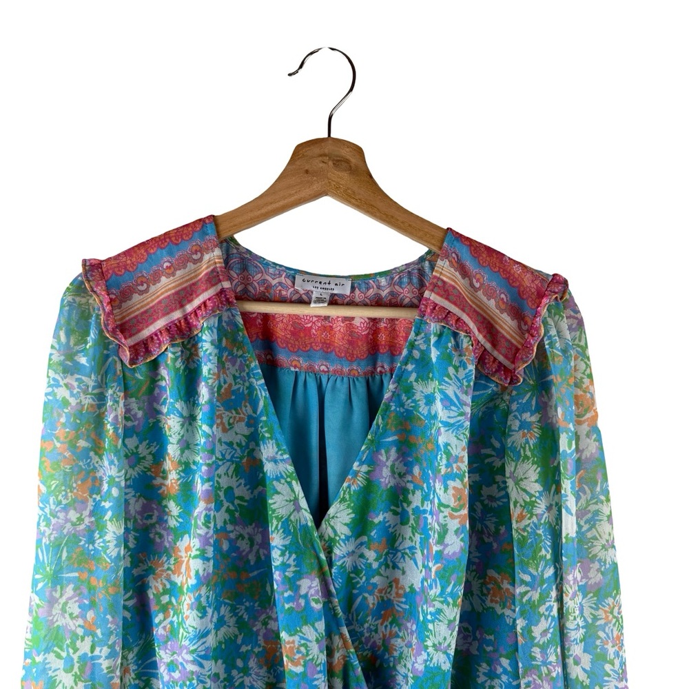 Anthro Current Air Mini Dress L Blue Floral Ruffle Smocked Fairy Tale Boho Chic - Picture 5 of 8